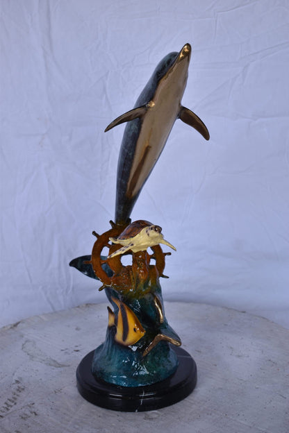 Nifao Dolphin, Turtle, Anchor & Fish Bronze Statue – Intricate Marine Wildlife Figurine on Marble Base for Home, Office, Garden, or Nautical Decor – Symbol of Sea Lore, Strength 6" L x 10" W x 19" H.