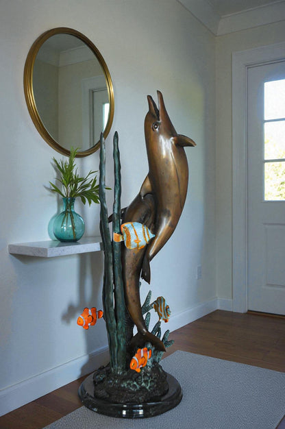 Two dolphins with fish, table top bronze statue. -  Size: 8"L x 8"W x 22"H.