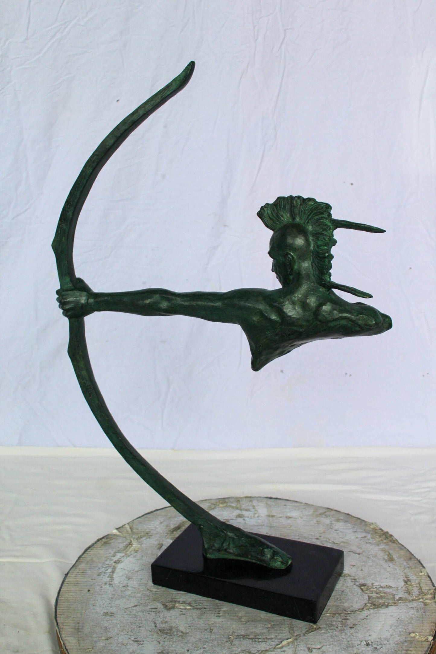 Nifao Native American Warrior with Long Bow Bronze Statue – Handcrafted Lost Wax Casting with Rich Patina – Powerful Tribal Art Sculpture Mounted on Base – Museum-Quality Detail 22" x 6" x 33"H