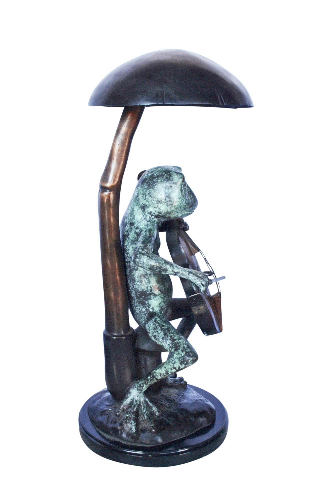 Frog playing cello under mushroom bronze statue -  Size: 10"L x 10"W x 24"H.