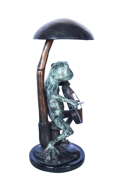 Frog playing cello under mushroom bronze statue -  Size: 10"L x 10"W x 24"H.