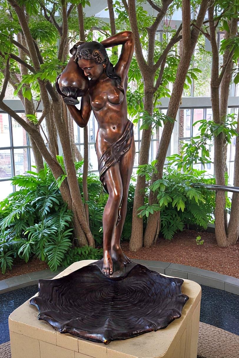 Lady Holds A Vase Standing on A Shell Bronze Fountain Size: 32" x 31" x 55"H