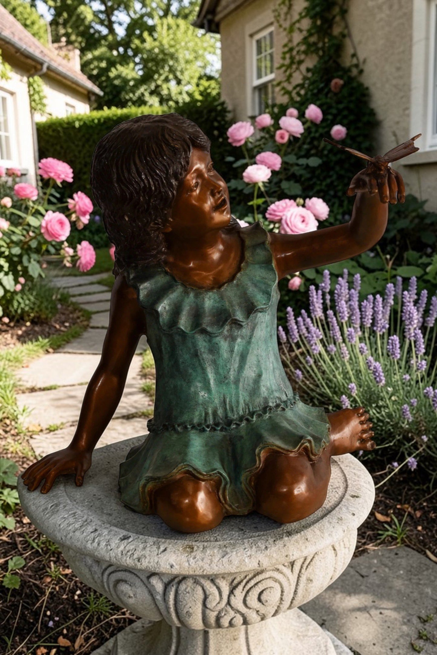 A Little Girl Playing with a Buterfly Bronze Statue 21" x 15" x 19"H