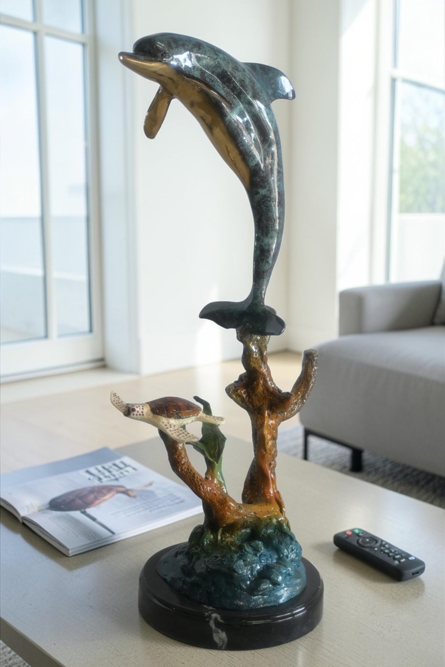 Bronze Leaping Dolphin and Sea Turtle Sculpture Marble Base 12"x9"x27"H