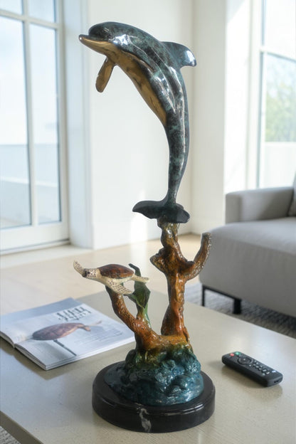 Bronze Leaping Dolphin and Sea Turtle Sculpture Marble Base 12"x9"x27"H