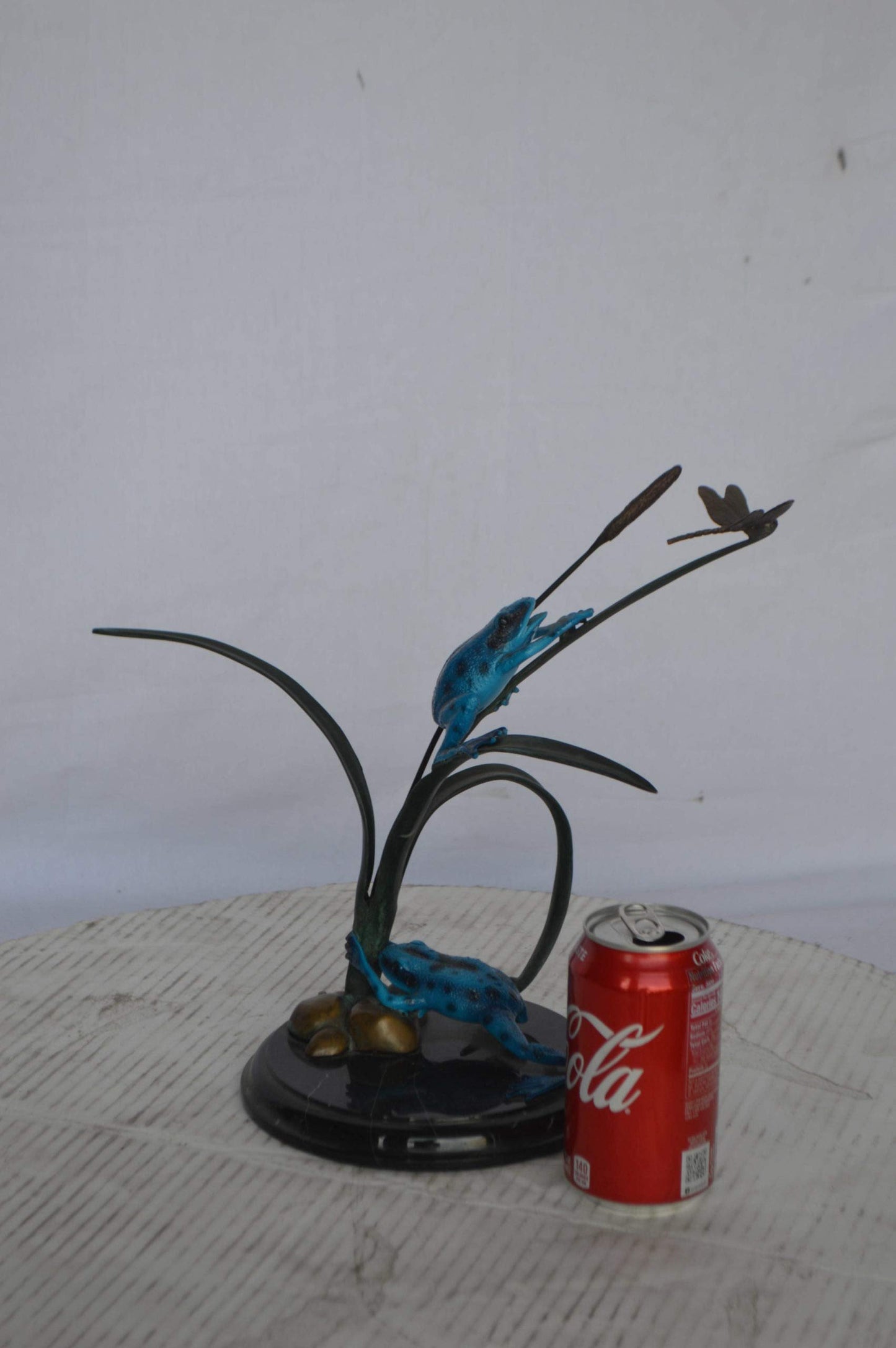 Two Blue Frogs catching a dragonfly Bronze Statue - Size: 14"L x 8"W x 12"H.