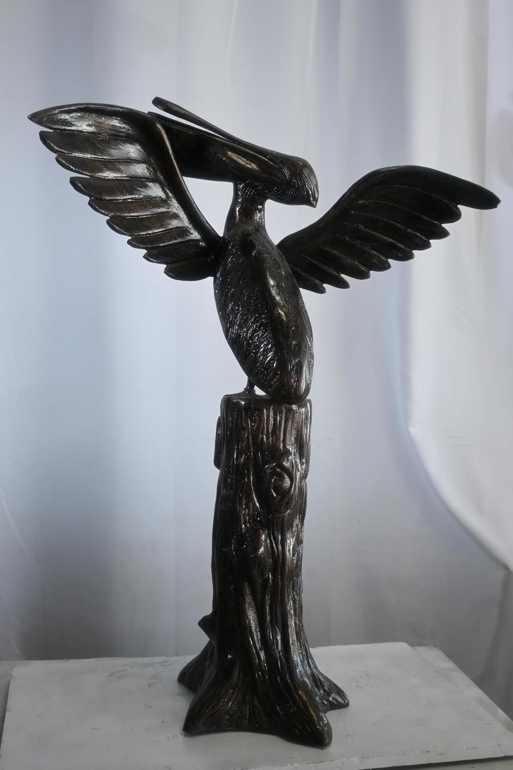 Aluminum Pelican Sculpture on Tree Stump Perch 34"x13"x43"H