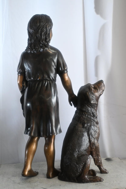 Bronze Girl with Dog Statue Standing Child and Pet Sculpture 23"x13"x39"H