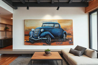 NIFAO 1930s Ford Coupe Inspired Blue Car 3D Metal Wall Art on Wood 79" x 2" x 40"H