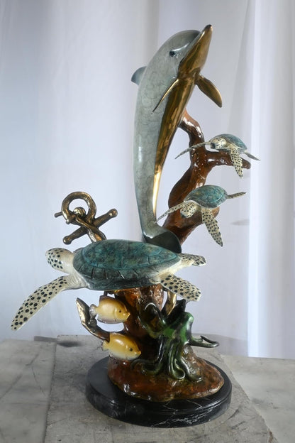 Bronze Dolphin Sea Turtles Fountain Lost Wax Ocean Scene 22"x18"x37"H