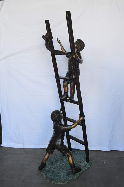 Two Kids Climb a Ladder Saving a Cat Bronze Statue -  Size: 35"L x 24"W x 81"H.