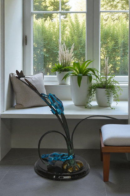 Two Blue Frogs catching a dragonfly Bronze Statue - Size: 14"L x 8"W x 12"H.