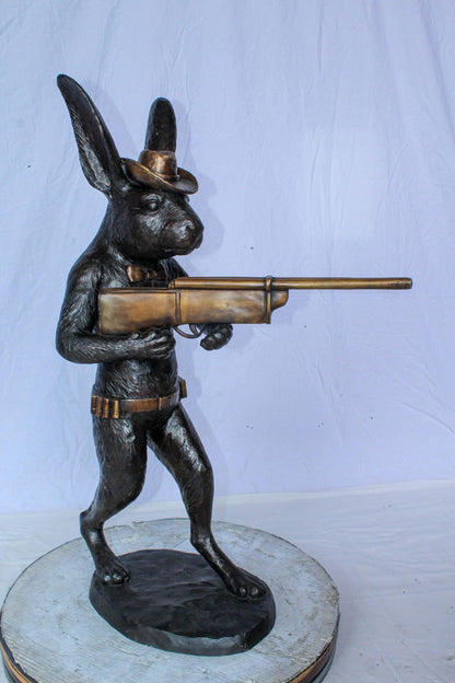 Bronze Statue of Cowboy Rabbit Holding Rifle 22" x 13" x 35"H