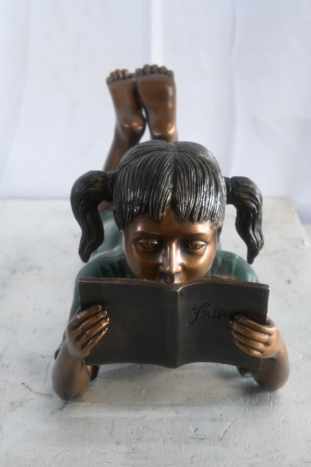 Bronze Girl Reading Fairy Tale Book Lying Down Sculpture 24"x10"x11"H