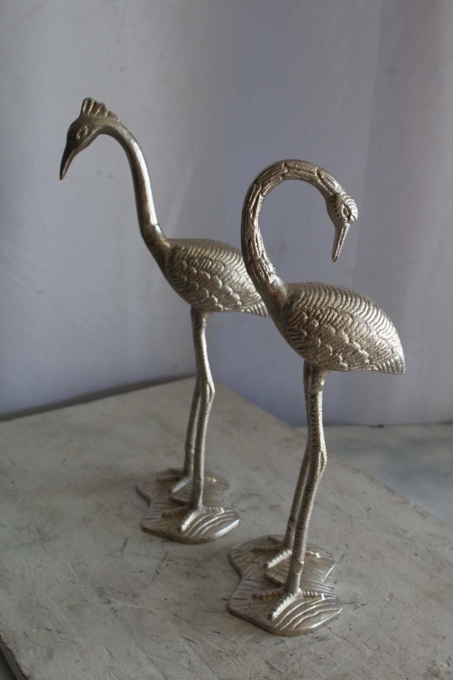 Art Deco Silver Flamingo Pair, Aluminum Decor Set 10" x 7" x 19"H