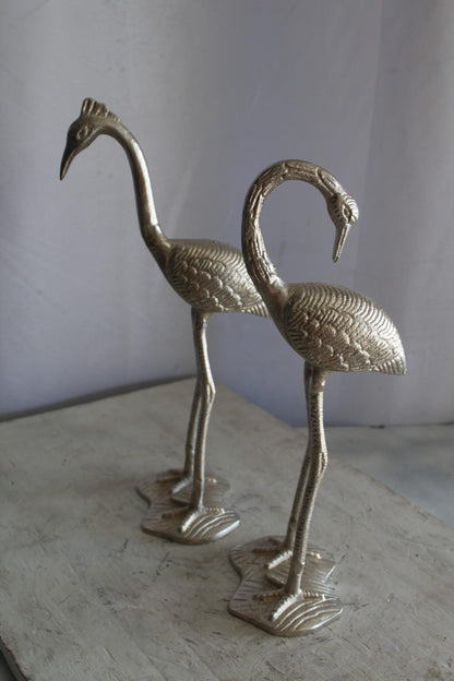 Art Deco Silver Flamingo Pair, Aluminum Decor Set 10" x 7" x 19"H