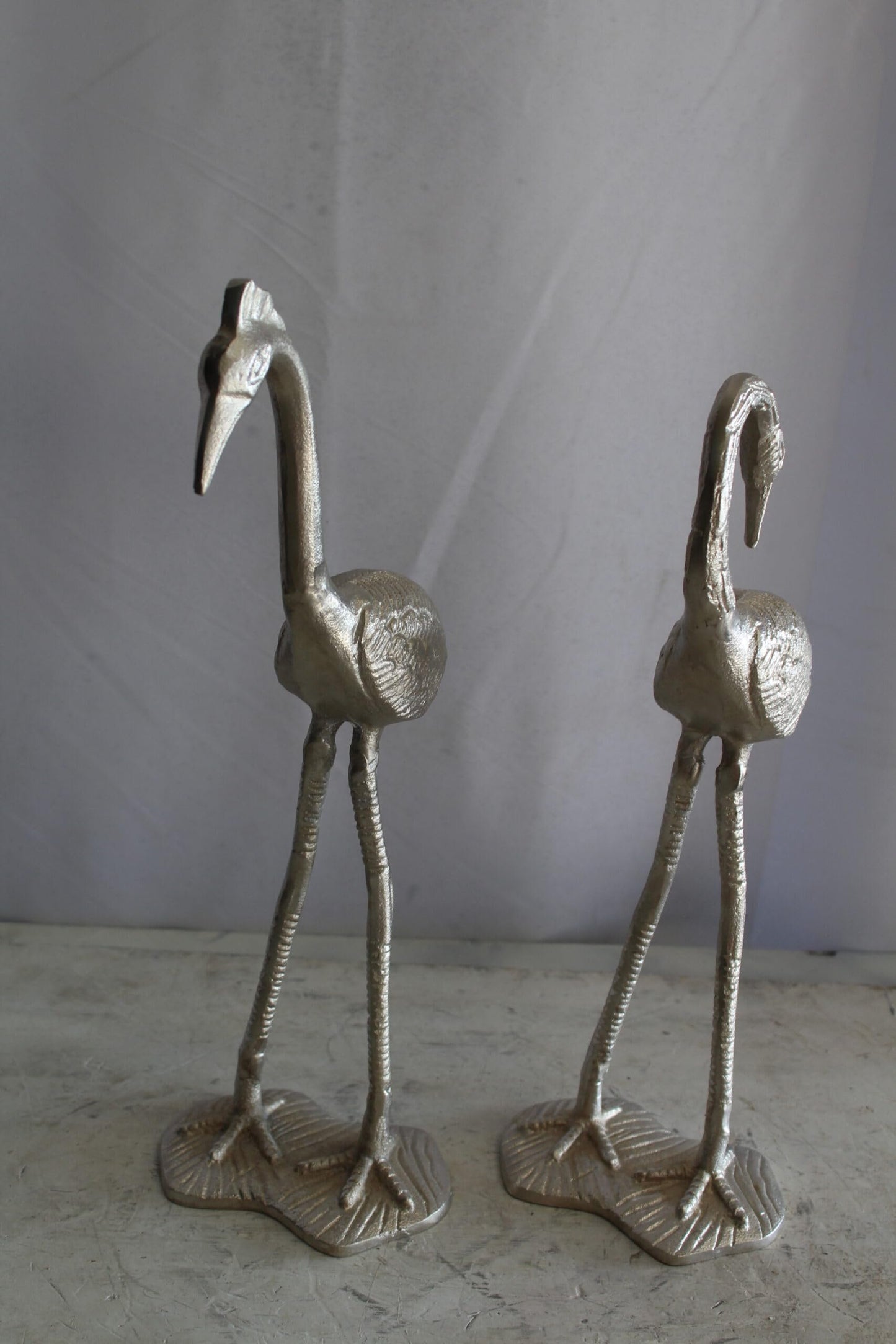 Art Deco Silver Flamingo Pair, Aluminum Decor Set 10" x 7" x 19"H