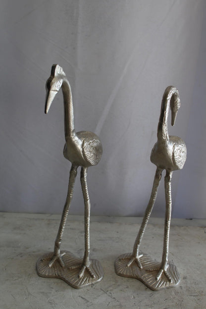 Art Deco Silver Flamingo Pair, Aluminum Decor Set 10" x 7" x 19"H