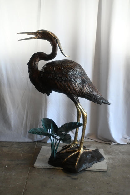 Large Bronze Heron Fountain Sculpture with Lily Pad Base 40"x29"x60"H