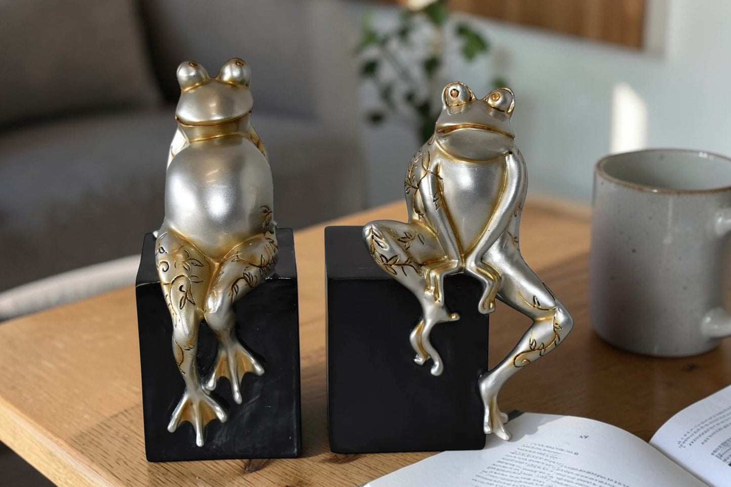 Pair of Happy Frogs Sitting on a Cube Resin Statue Size: 6" x 4" x 9"H