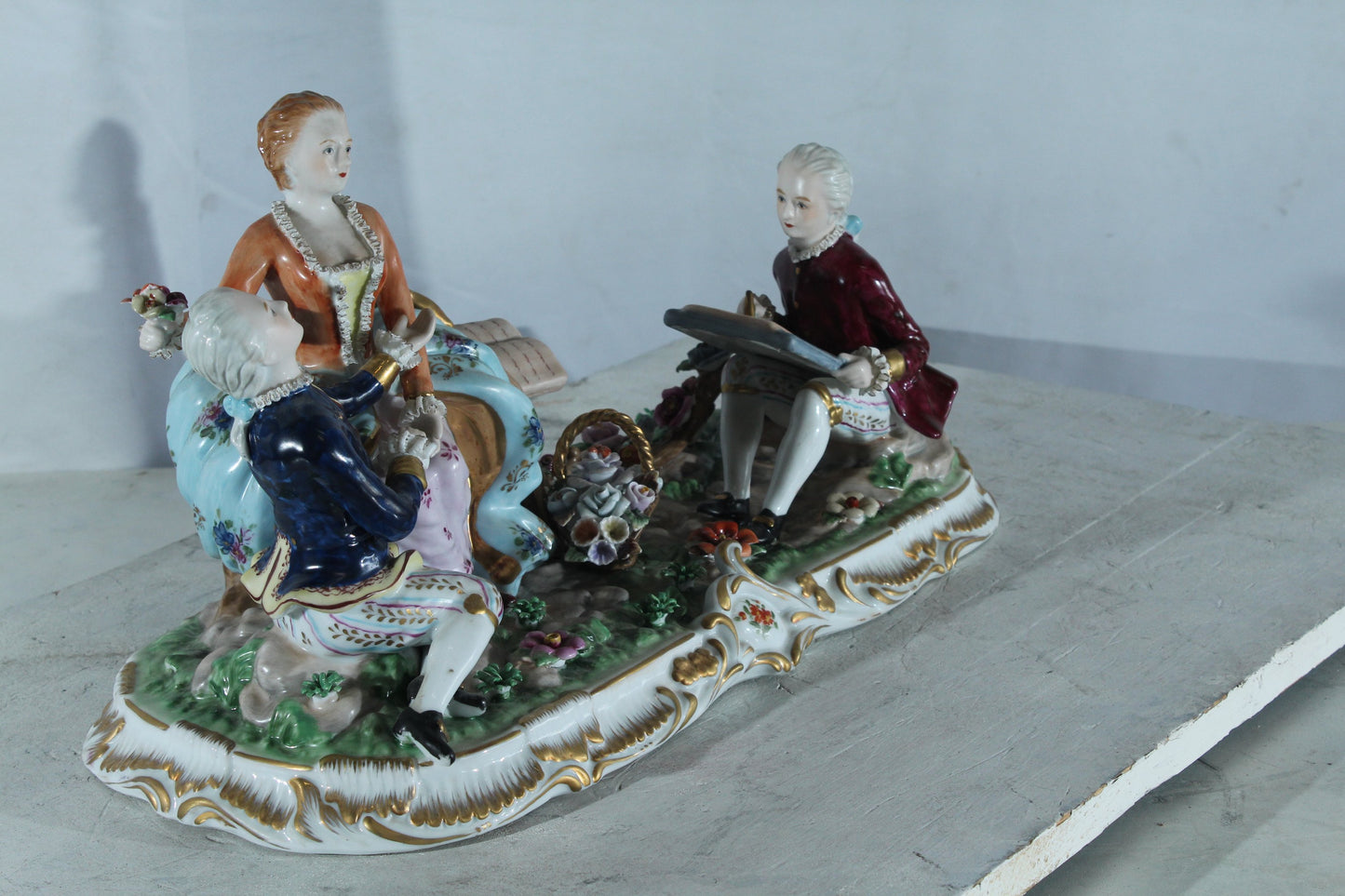 NIFAO Porcelain Rococo Courting Trio Figurine — Artist & Couple 20" x 8" x 10"H