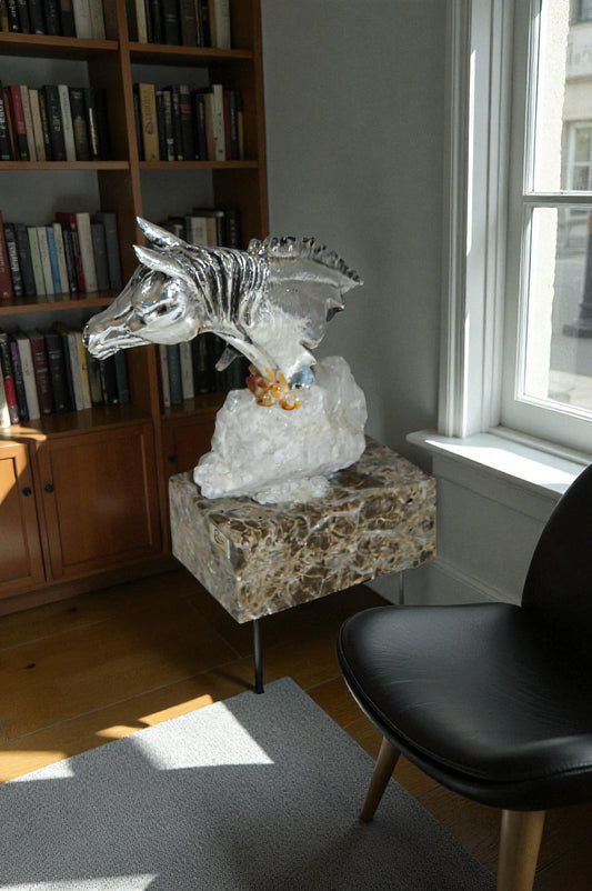 Horse on Crystal Stone mounted on Marble by Vidal -  Size: 4"L x 9"W x 10"H.