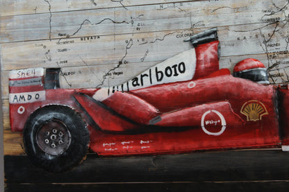 NIFAO Formula One Inspired Red Racing Car 3D Metal Art on Wood 79" x 2" x 40"H