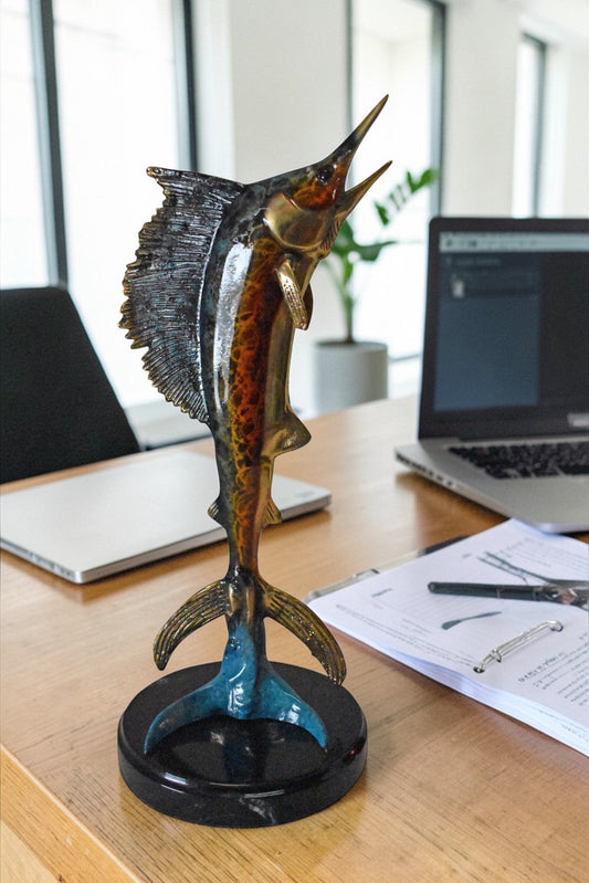 Single Sailfish Bronze Statue Mounted on Round Marble - Size: 6"L x 6"W x 15"H.
