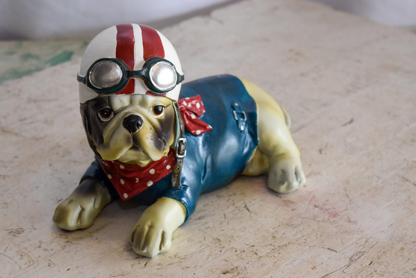 A Happy Dog Dressed in Motorcycle Rider Suit, Resin Statue 9" x 6" x 7"H