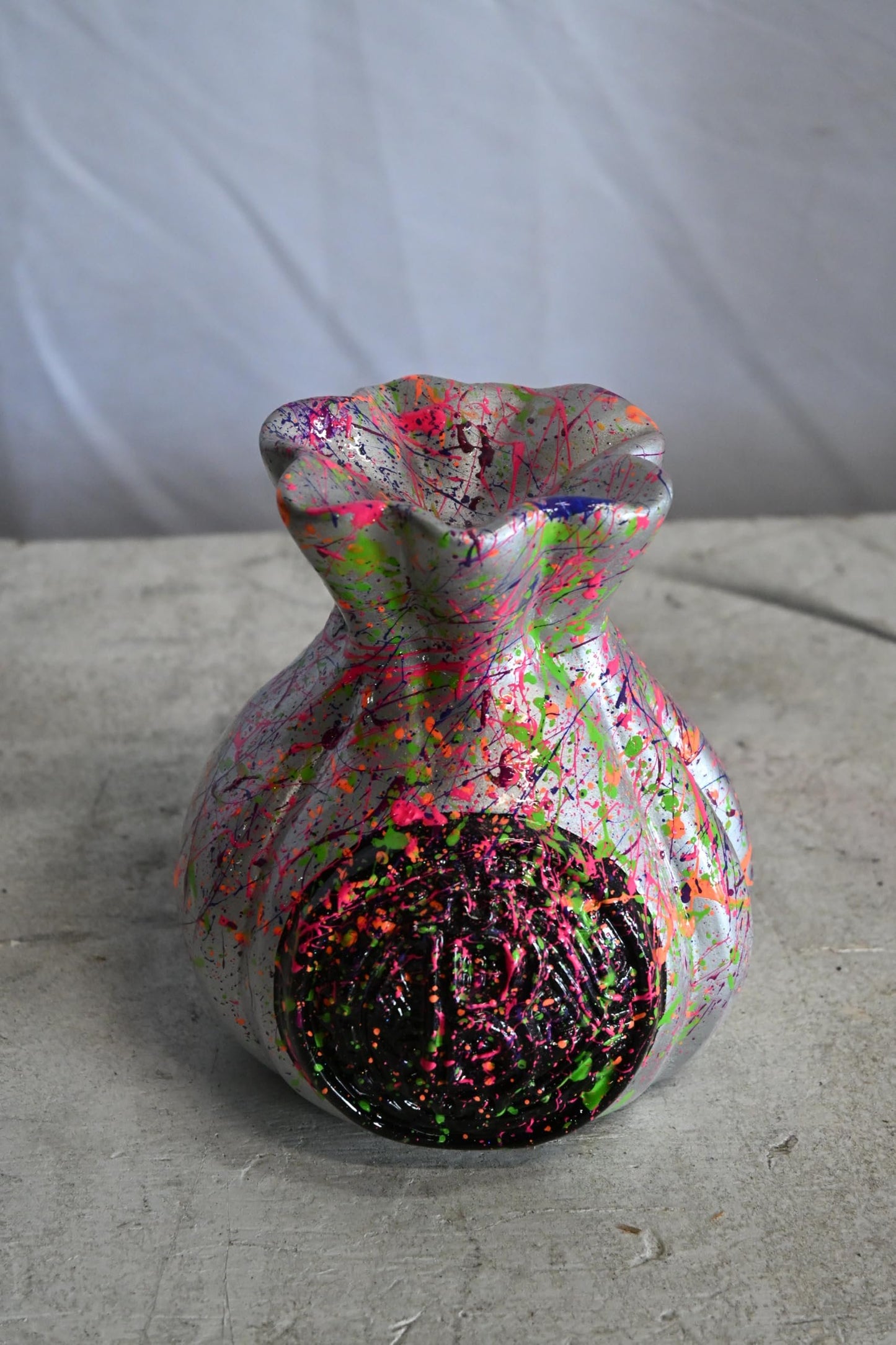 NIFAO Money Bag Vase Ceramic Sculpture Neon Splatter Andres Mendez 4"x5"x6"H