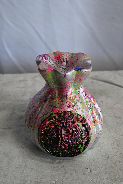 NIFAO Money Bag Vase Ceramic Sculpture Neon Splatter Andres Mendez 4"x5"x6"H