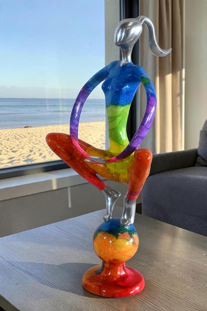 Rainbow Yoga Woman Meditating on Sphere Painted Aluminum 12"x10"x22"H