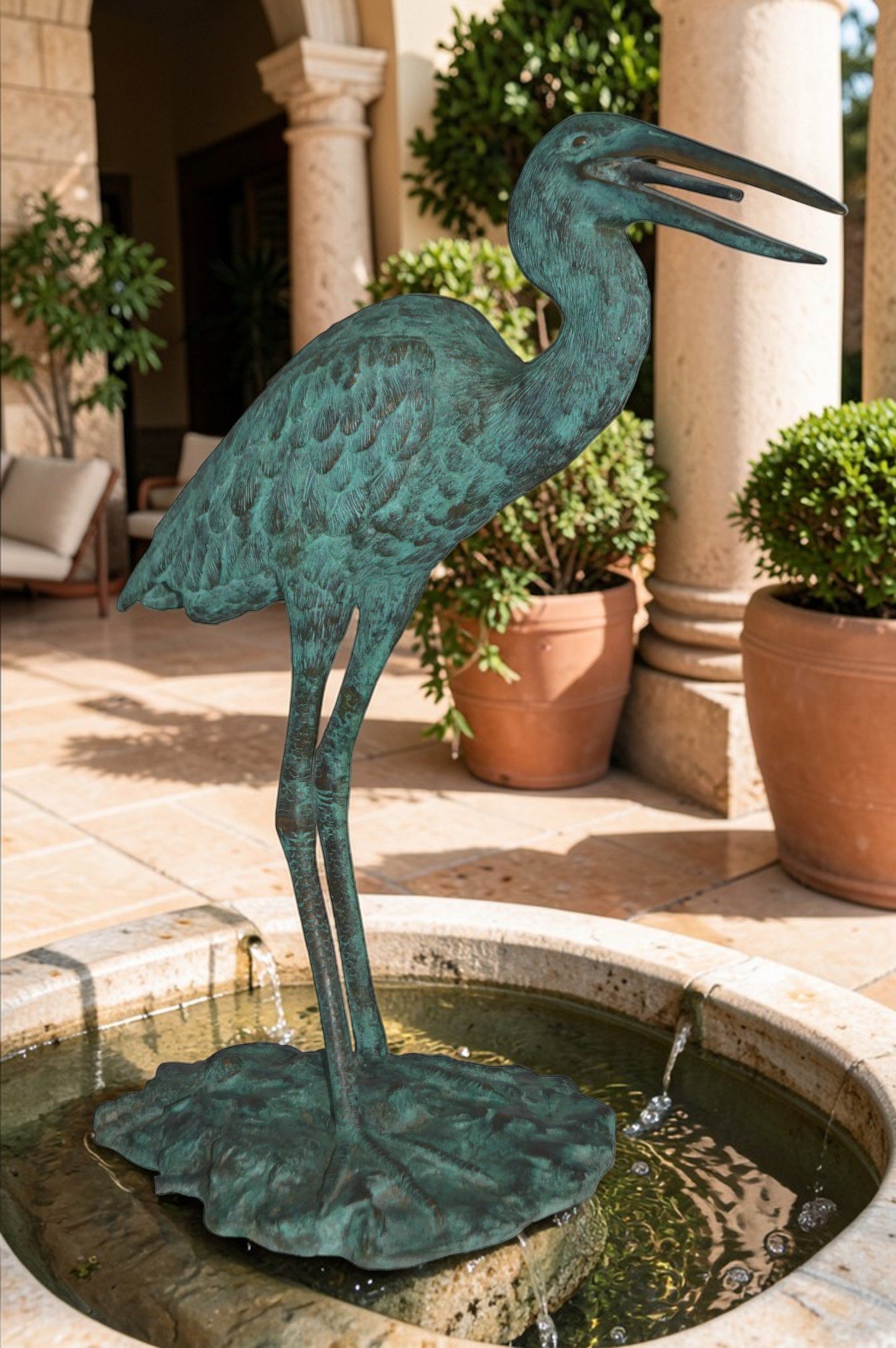 Heron Fountain Bronze Statue -  Size: 14"L x 24"W x 26"H.
