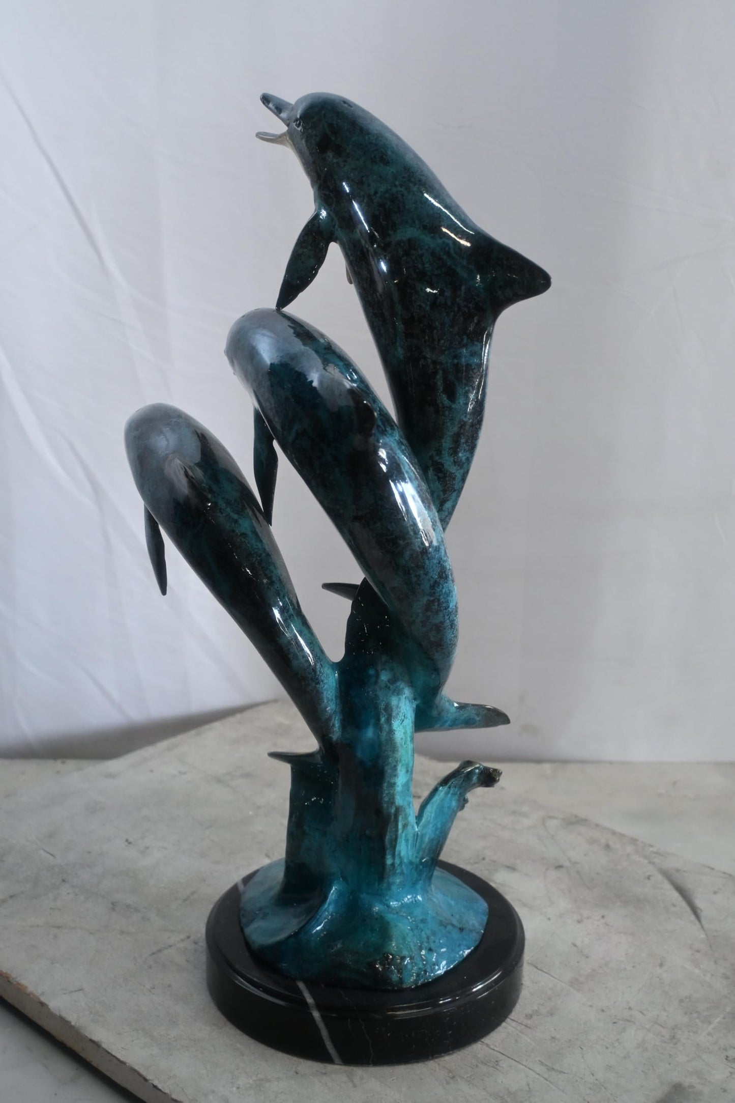 Bronze Dolphin Trio Sculpture Ocean Wave Statue 14"x11"x24"H