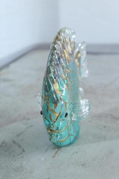 NIFAO Glass Reef Fish Figurine Teal Crackle Art Glass 8" x 3" x 6"H