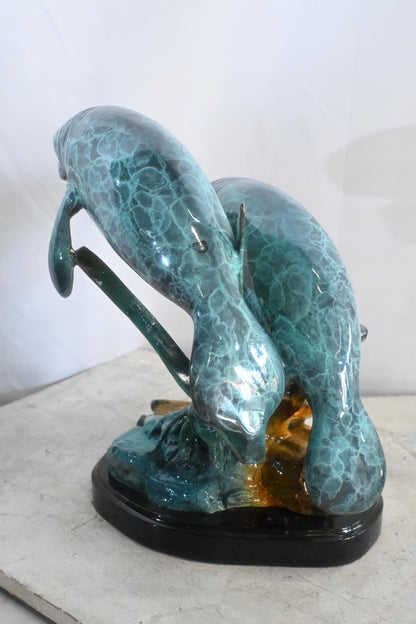 Two Manatees Bronze Sculpture Marble Base Ocean Life 15"x11"x12"H