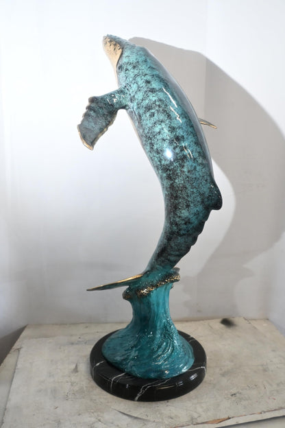 Bronze Humpback Whale Breaching Sculpture Ocean Wave 40"x24"x16"H
