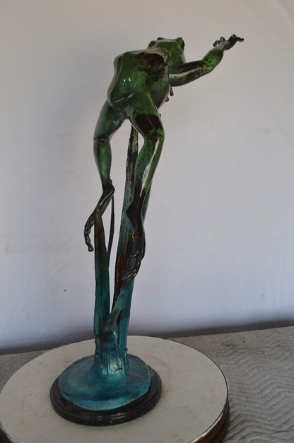 Large Frog Jumping Forward Bronze Statue on Marble -  Size: 25"L x 15"W x 36"H.