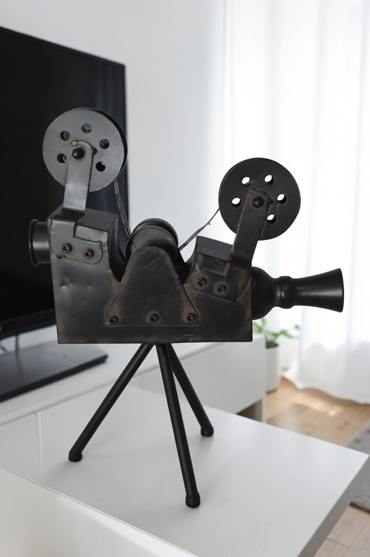 Movie Reel Abstract Metal Statue on tripod -  Size: 12"L x 6"W x 15"H.
