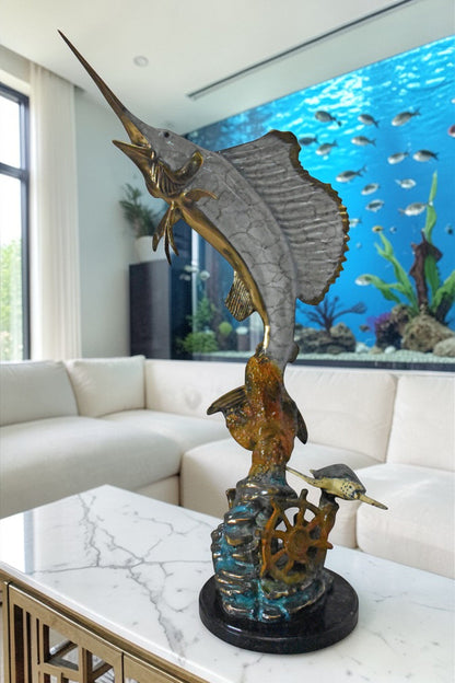 Nifao Sailfish and Turtle Bronze Statue on Marble Base – Lost Wax Marine Life Sculpture with Patina Finish - 12" L x 18" W x 31" H