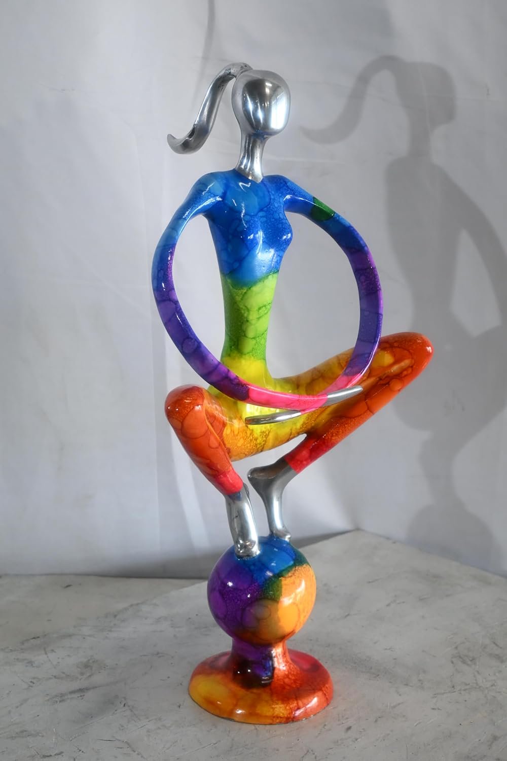 Rainbow Yoga Woman Meditating on Sphere Painted Aluminum 12"x10"x22"H