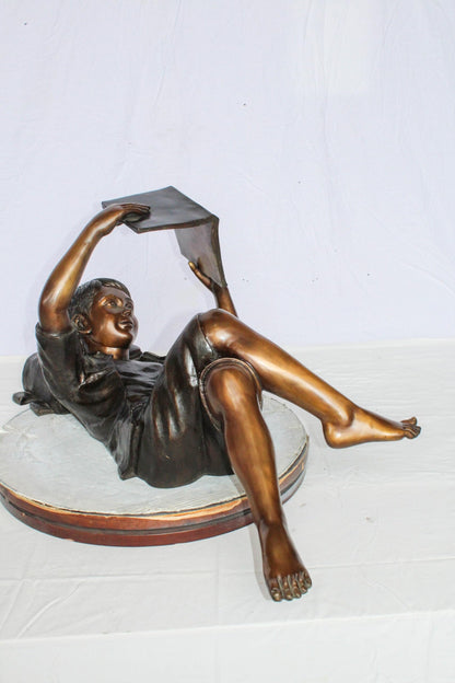 Nifao Bronze Boy Reading Statue – Large Handcrafted Lost Wax Sculpture of Young Boy Lying Back with Book – Detailed Child Figurine for Study, Library, Garden, or Home Déco 41" x 22" x 18"H