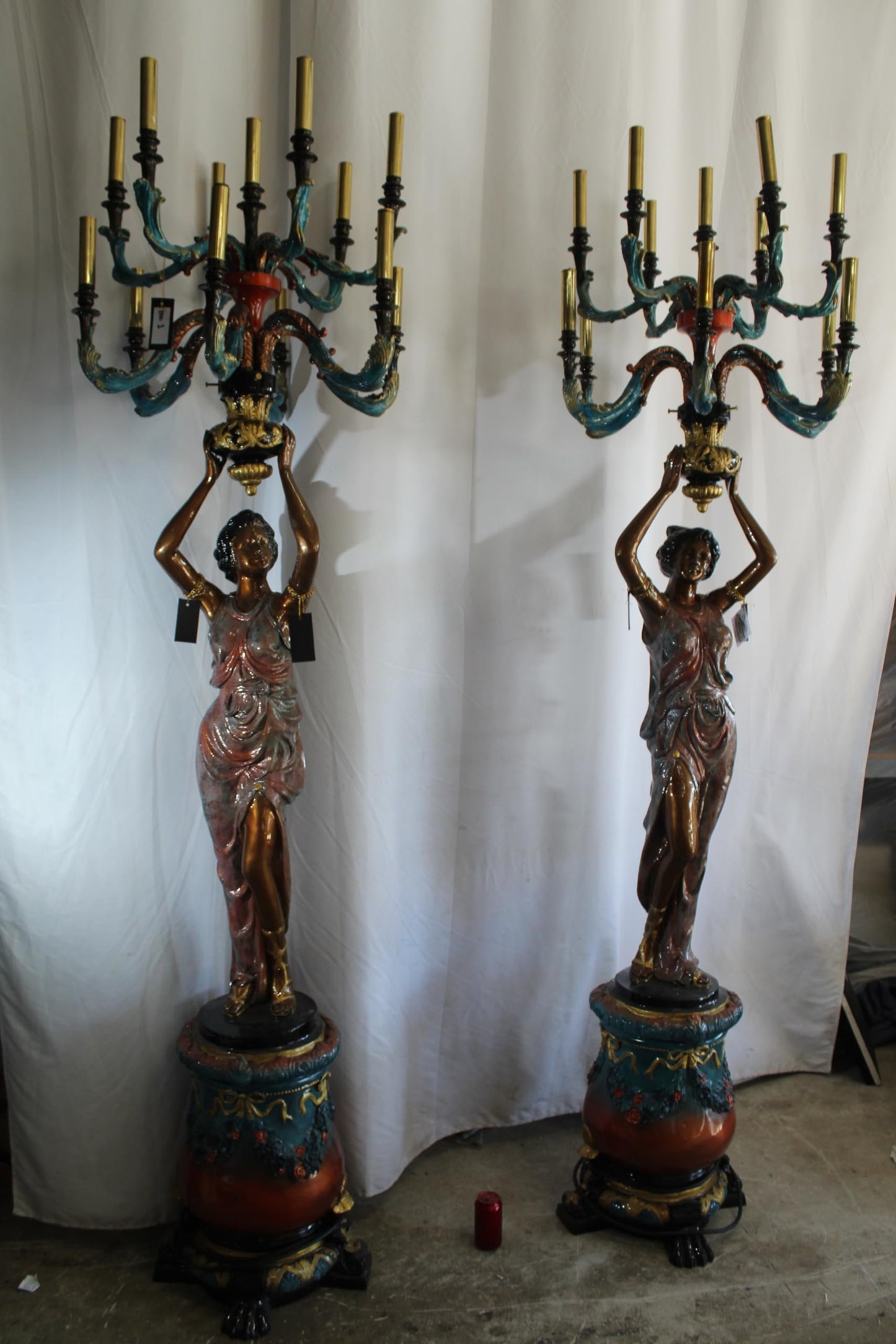 NIFAO Pair Giant Bronze Lady Candelabra Chandeliers Floor Lamps 30"x30"x100"H
