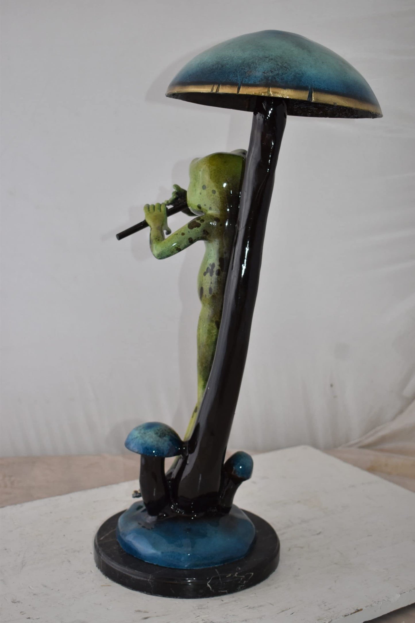 Musical Green Frog Playing the Flute Bronze Statue Size: 14" x 12" x 27"H