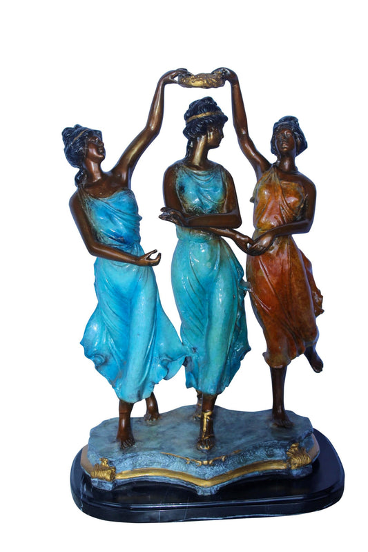 Three Dancing Ladies, Colorful Bronze Statue on a marble base 15" x 10" x 23"H