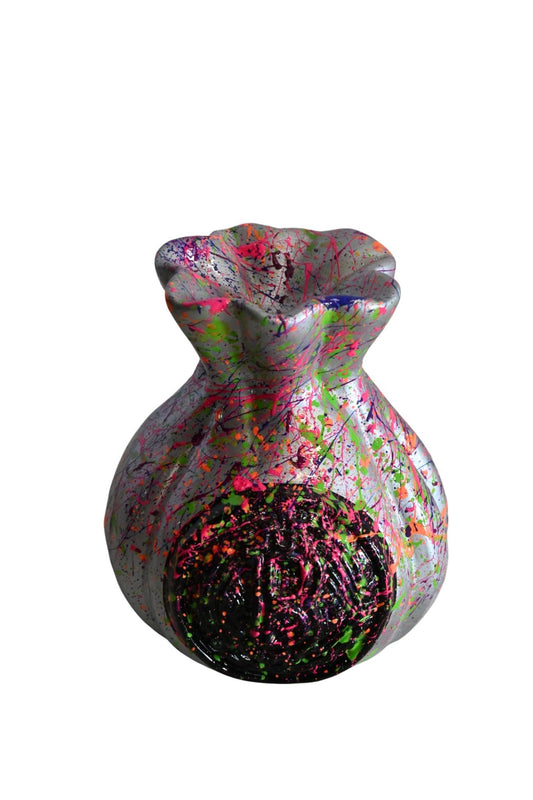 NIFAO Money Bag Vase Ceramic Sculpture Neon Splatter Andres Mendez 4"x5"x6"H