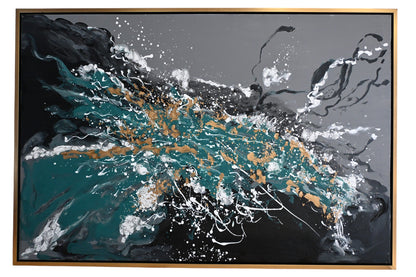 Splash of Green Abstract Canvas Painting Teal Gold Framed 41"x61"