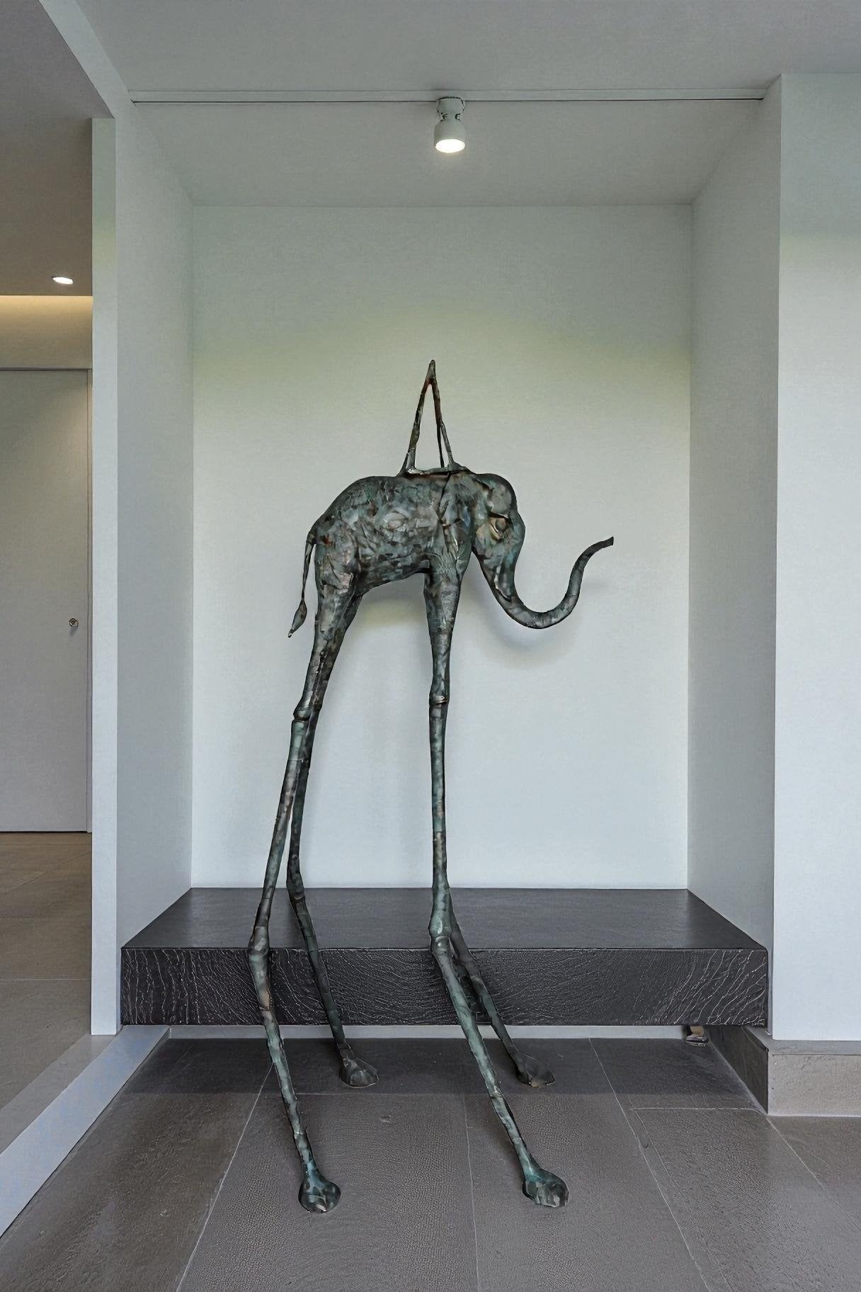 Modern Art Green Patina Tall Elephant Bronze Statue - Size: 26"L x 27"W x 67"H.
