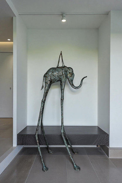 Modern Art Green Patina Tall Elephant Bronze Statue - Size: 26"L x 27"W x 67"H.