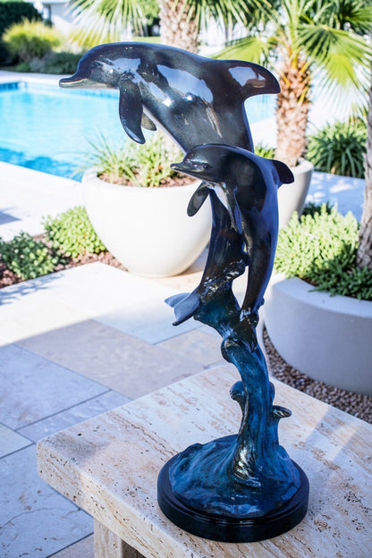 Two Dolphins Jumping of the Water Bronze Statue 11" x 12" x 31"H